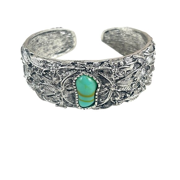 Boho Style Cuff Bracelet Silver Tone with Faux Turquoise Stone and Leaf Detail - Picture 2 of 9